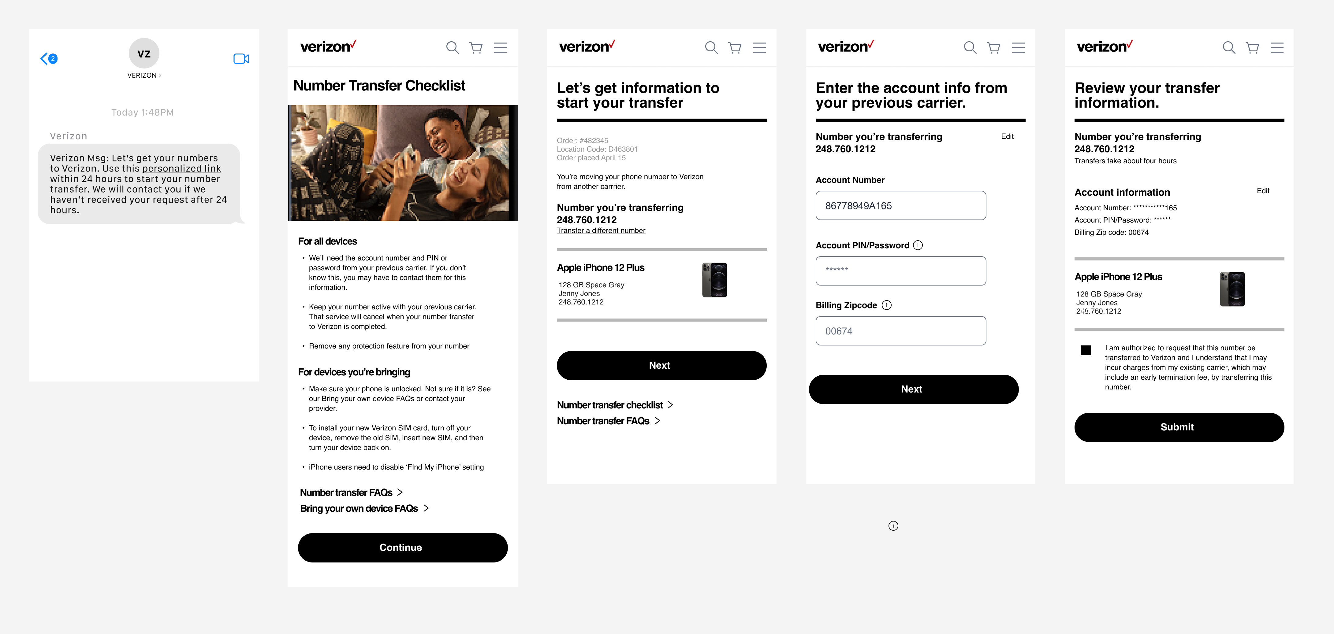 SMS thread leading to Verizon mobile-web screens: transfer checklist, get information, enter account info, review and submit.