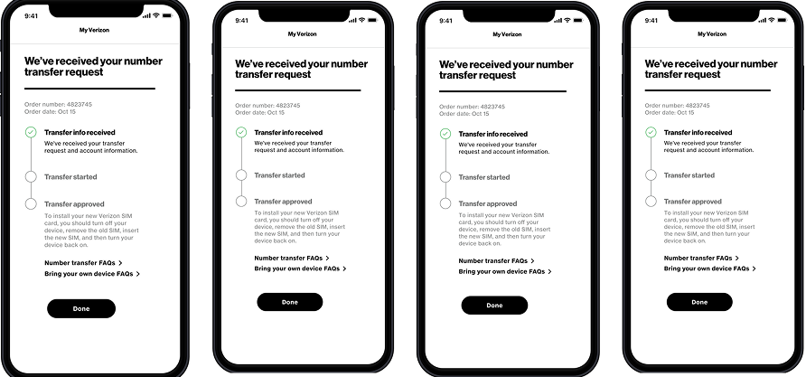Four My Verizon app screens showing the number-transfer status tracker with received, started, and approved steps.